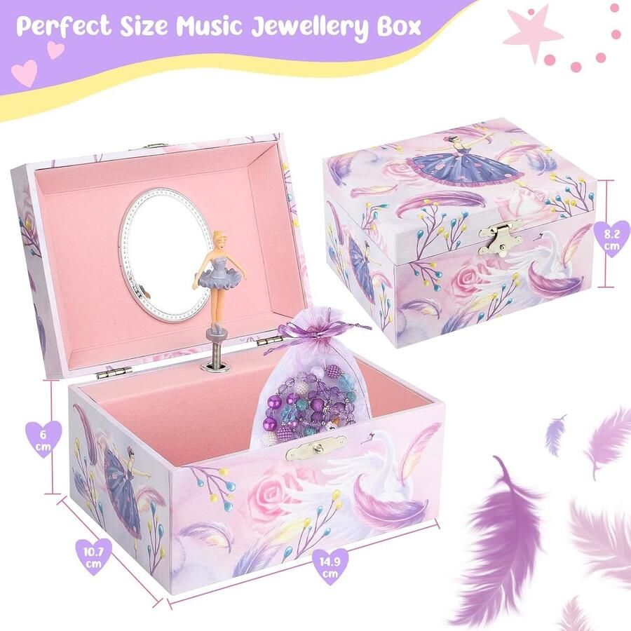 Lexium Store Roterende muziekdoos Roze Ballerina Sieradenkistje van Grenenhout Met Eenhoorn Sieradenset voor Meisjes