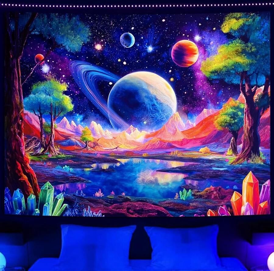 Lichtgalaxy wandtapijt met bergen kristallen en sterren 180 x