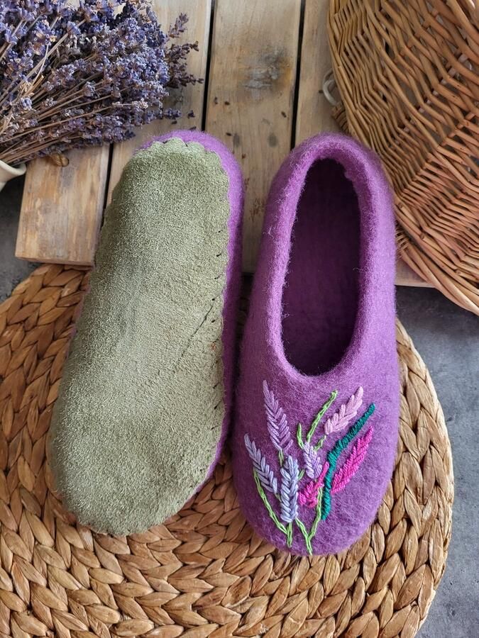 Lilly Bellule Handmade wool slippers felted wool slippers funny gift home shoes from wool wol sloffen lavender with embroidery
