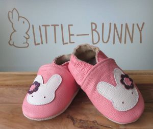 LITTLE-BUNNY leren babysloffen roze wit konijn 12-18 maanden