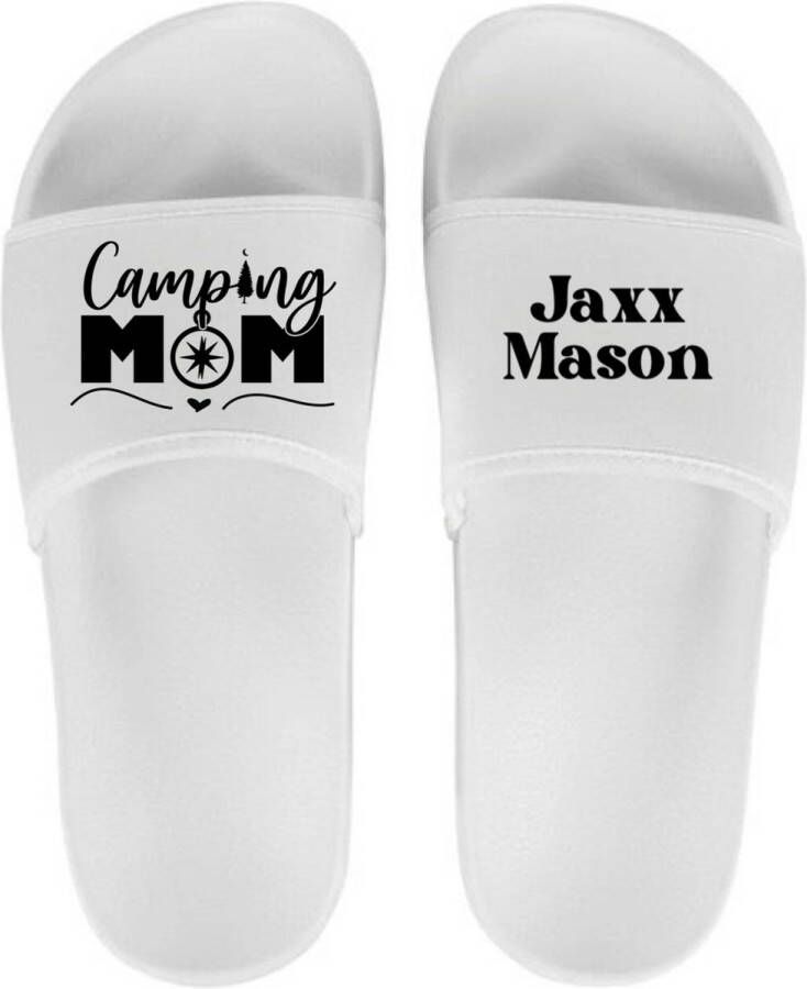 Livingstickers Slippers voor haar Persoonlijke slippers met naam kind Camping Mom Wit