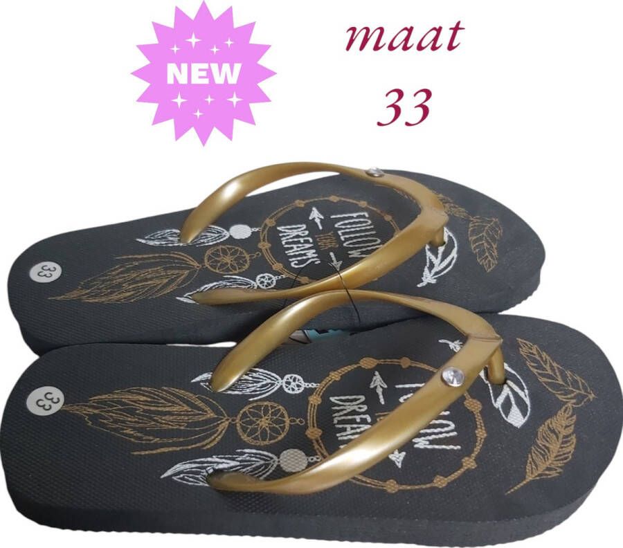 LONERIACCO Indiana teenslipper zwart goud met strass steentjes