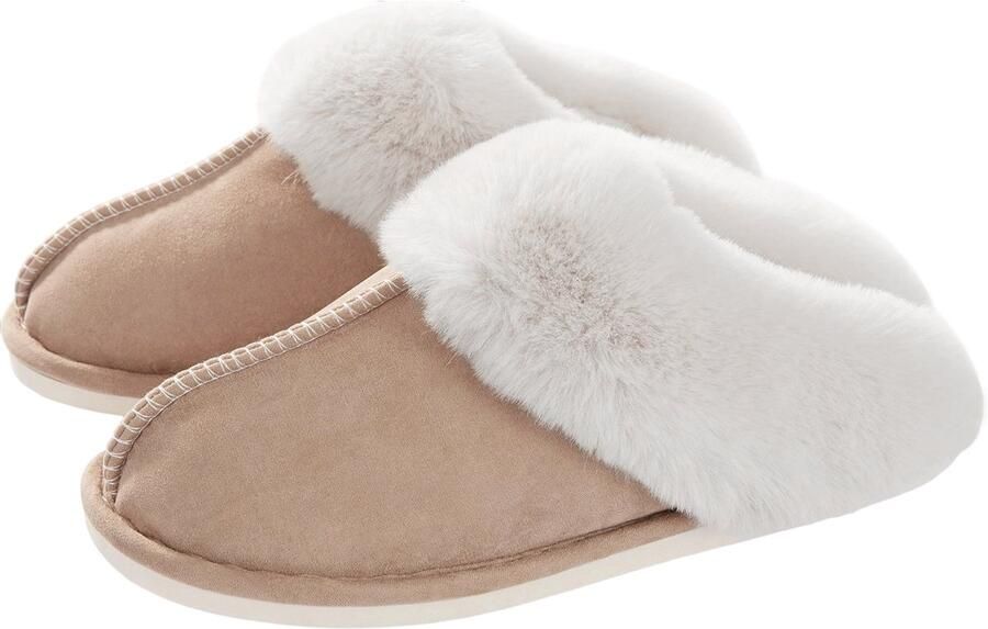 Longziming -Dames Pluche Pantoffels met Memory Foam Zachte Slip-On Huisslippers met Antislipzool Lichtbruin XL42 43