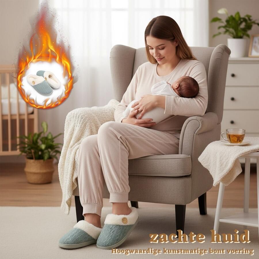 Longziming Warme Gebreide Slippers Cosy Huisschoenen Pluche Voering Lichtgewicht Anti-Slip Rubber Zool Cosy Huisschoenen Slippers voor en voor Binnen en Buiten Groente