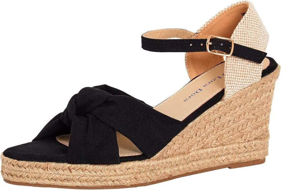 Lora Dora Dames Espadrille Sleehak Sandalen met Knoopdetail en Enkelband Zwart