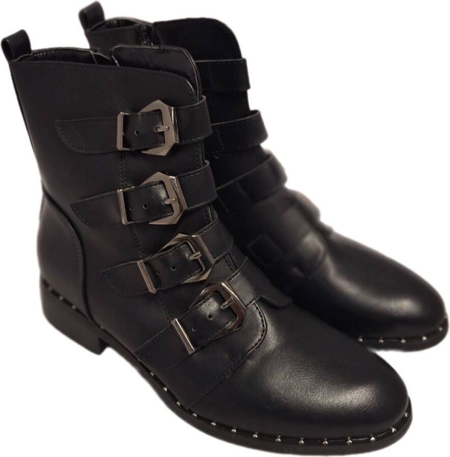 LUCKYSHOES -4 GESPEN BOOTS-LEDERLOOK-STUDS LANGS ZOOL-EXTRA ZIJRITS