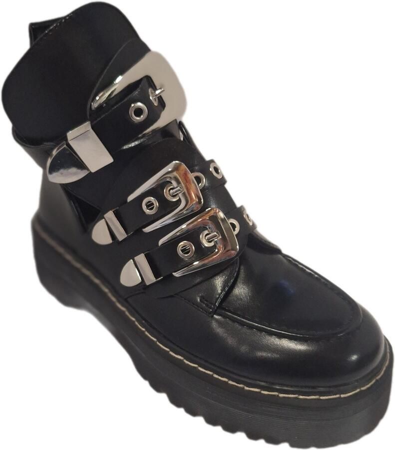LUCKYSHOES BIKER BOOTS -LEDERLOOK-3 RIEMPJES MET GESP-PLATEUZOOL -BLACK