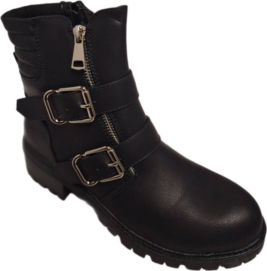 LUCKYSHOES -BIKERBOOTS-2 RIEMPJES MET GESP-2 FANCY ZIPPERS IN FRONT- HAK