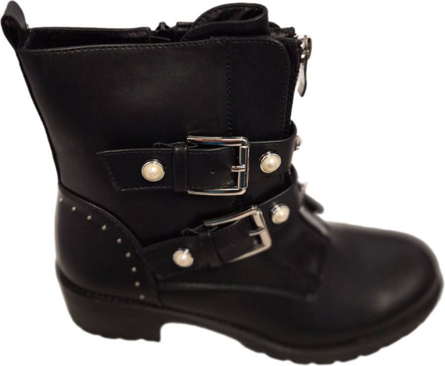 LUCKYSHOES BIKERBOOTS-3 RIE MET GESP-PEARL AND STUDS-MAT IMITATIONLEER