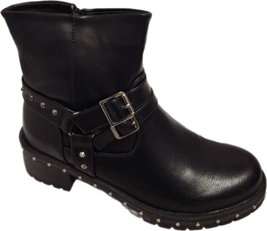 LUCKYSHOES -BIKERBOOTS-BLACK-2 GESPEN-COW LOOK-FAKELEER