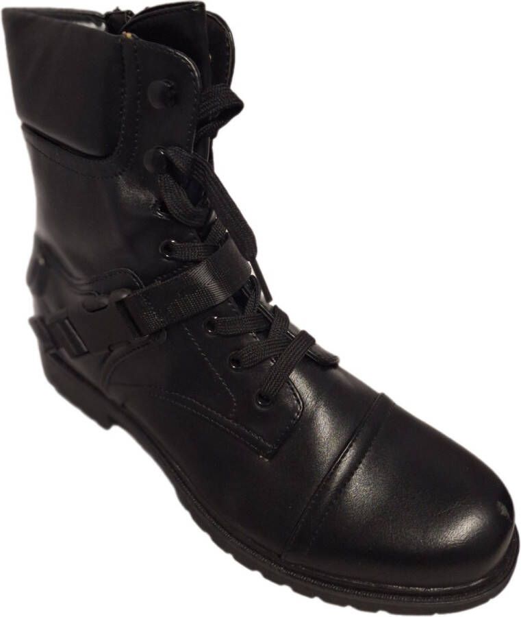 LUCKYSHOES -BIKERBOOTS-BLACK-KUNSTSTOF GESP-VETERS-PROFIELZOOL