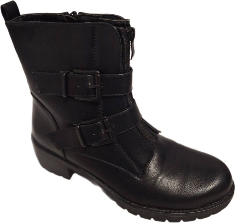 LUCKYSHOES -BIKERBOOTS-BLACK-MAT IMITATIELEER-2 GESPEN EN RITS