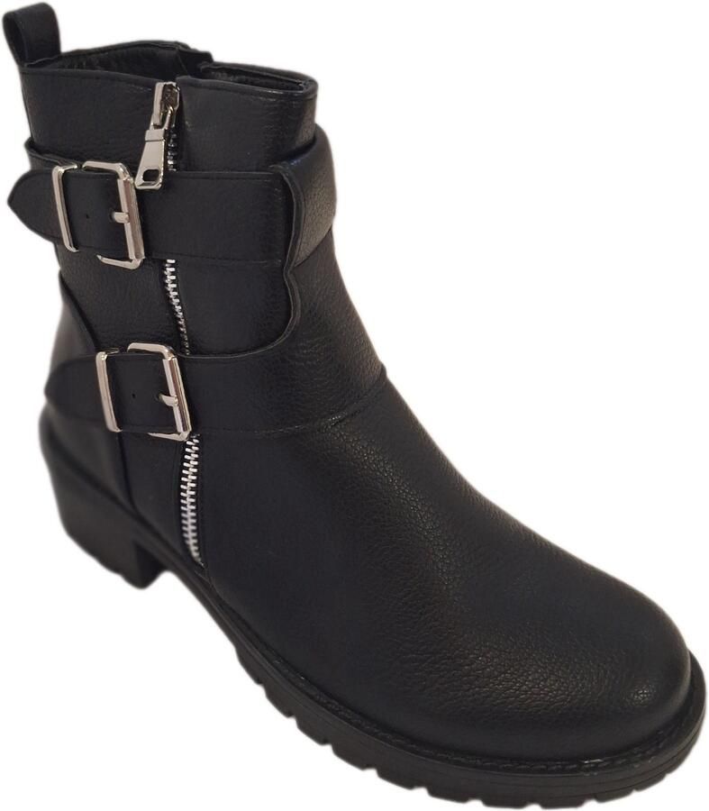 LUCKYSHOES- BIKERBOOTS- LEDERLOOK- 2 RIEMEN MET GESPEN-HIKERSOLE