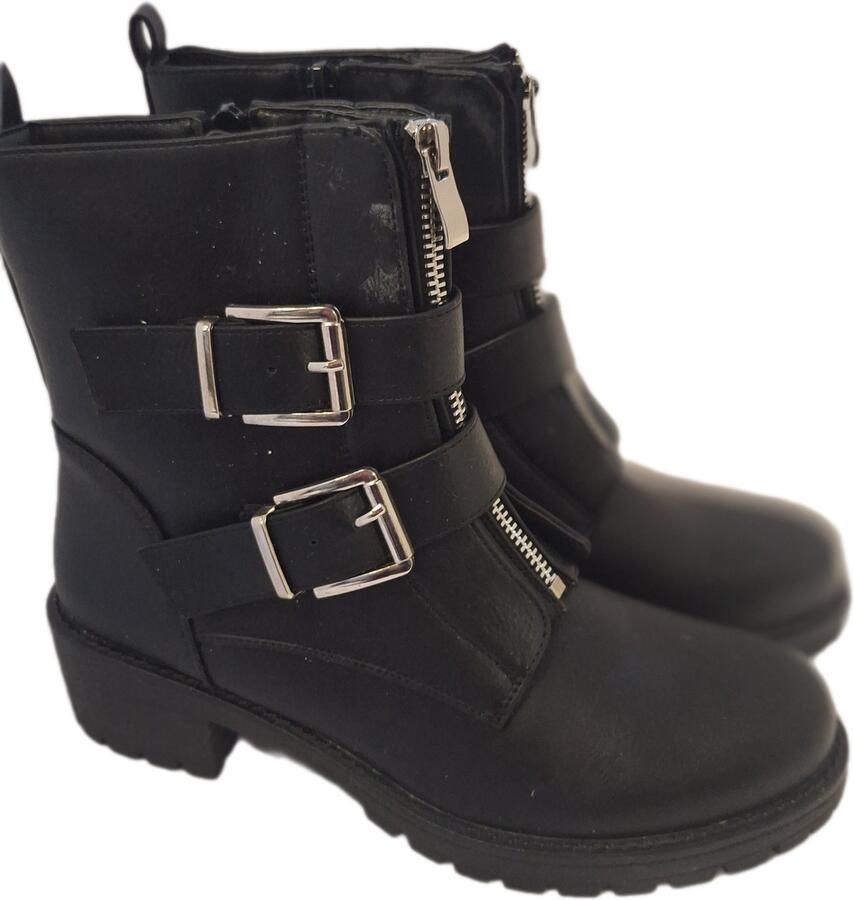 LUCKYSHOES-BIKERBOOTS-MAT LEDERLOOK-2 RIEMEN MET GESP-FRONT SIERRITS- BLACK