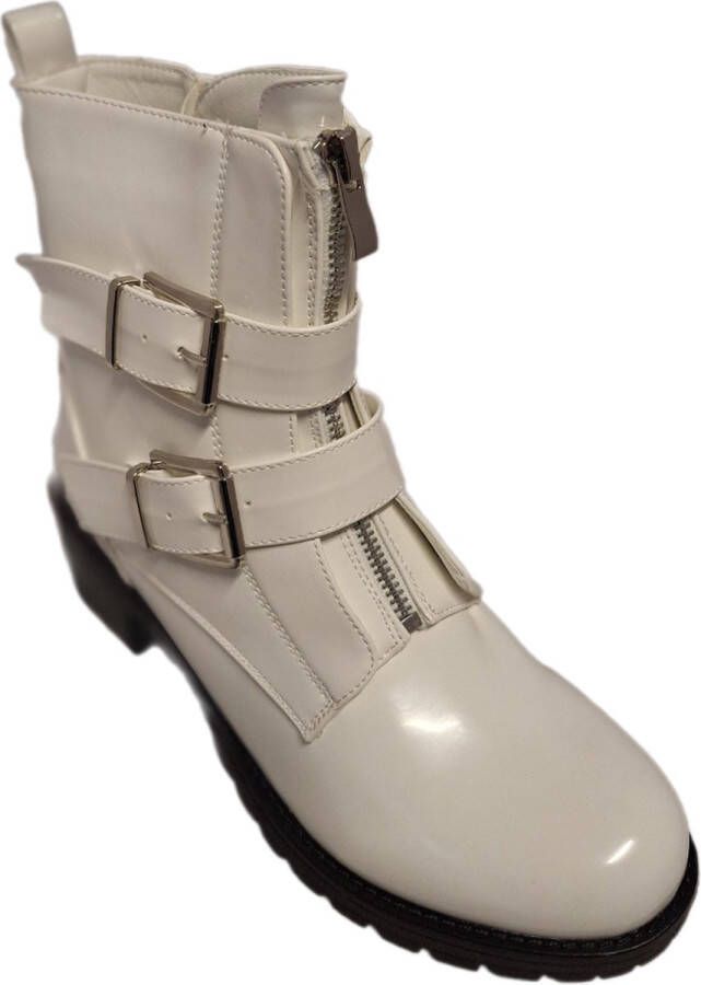 LUCKYSHOES -BIKERBOOTS-WHITE-LAKMIRROR-2 RIE MET GESP -PROFIELZOOL