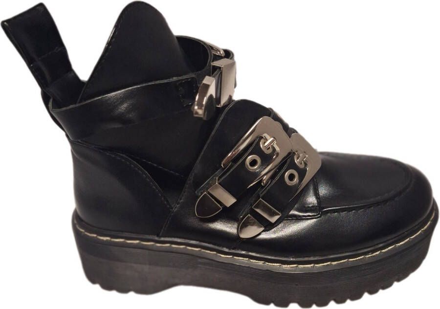 LUCKYSHOES -FANCYBOOTS-ENKELBAND MET GESP-2 RIEMPJES MET GESP-BLACK