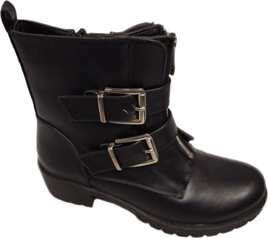 LUCKYSHOES -BIKERBOOTS-BLACK-LAKMIRROR-2 RIE MET GESP -PROFIELZOOL