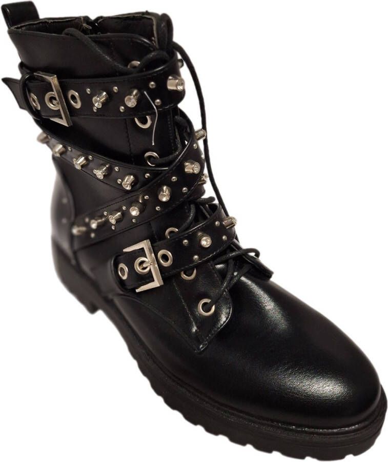LUCKYSHOES -BIKERBOOTS-3 RIEMPJES MET GESP-PEARLS&STUDS