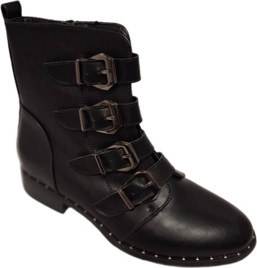 LUCKYSHOES -BIKERBOOTS-LEDERLOOK-4 RIEMPJES MET GESP-STUDS LANGS ZOOL