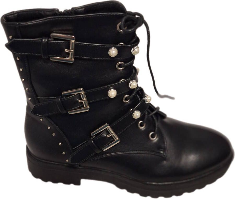 LUCKYSHOES MOTORBOOTS-PEARSL&STUDS-3 GESPBANDJES-BLACK