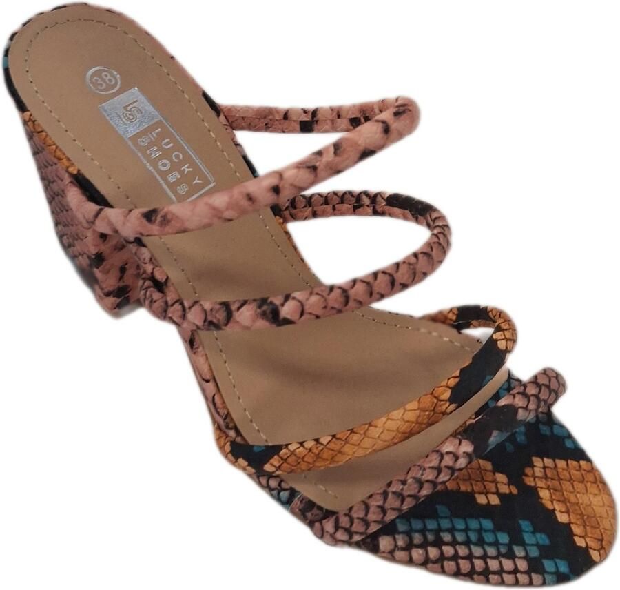 LUCKYSHOES-MUILTJE-MULTICOLOR-BLOKHAK -SNAKE LEDERLOOK