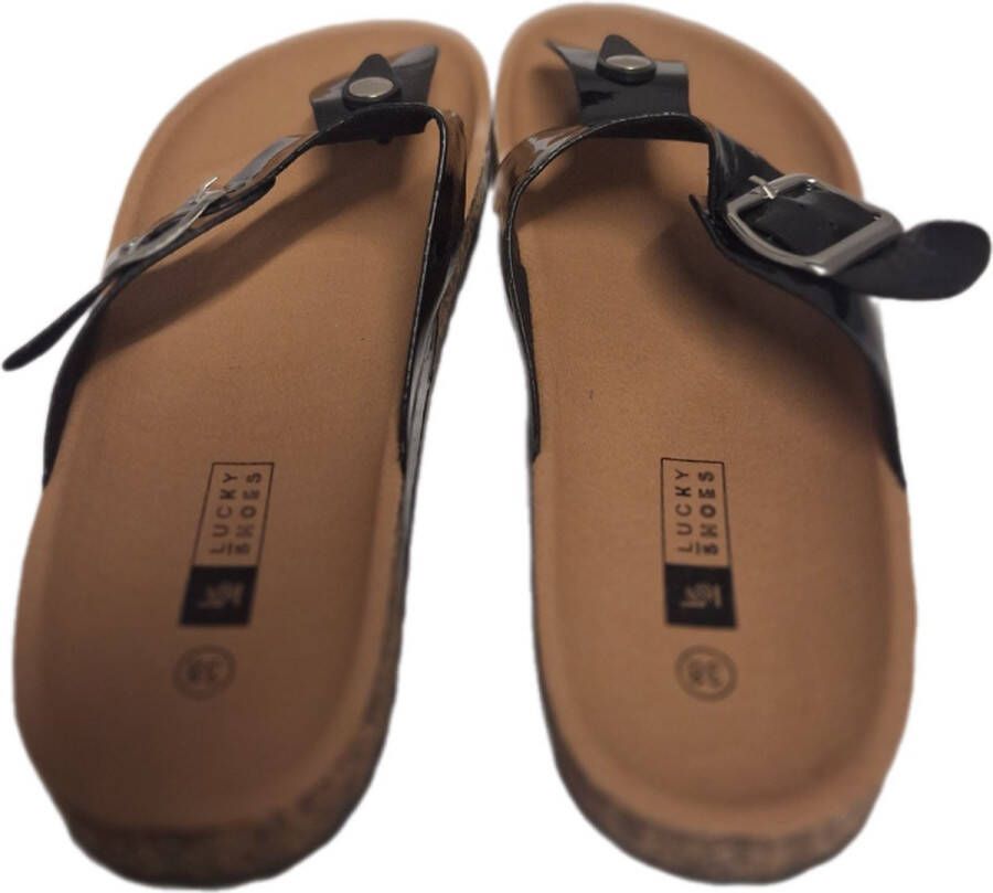 LUCKYSHOES -SLIPPER-KURK VOETBED-ANTISLIP ZOOL-MIRROR LAKLEER