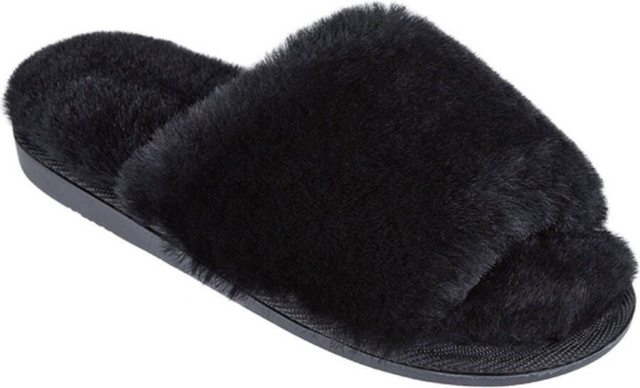 LuLu wonen Fluffy Slipper Zwart Echte Schapenvacht- met flexibele rubberen zool