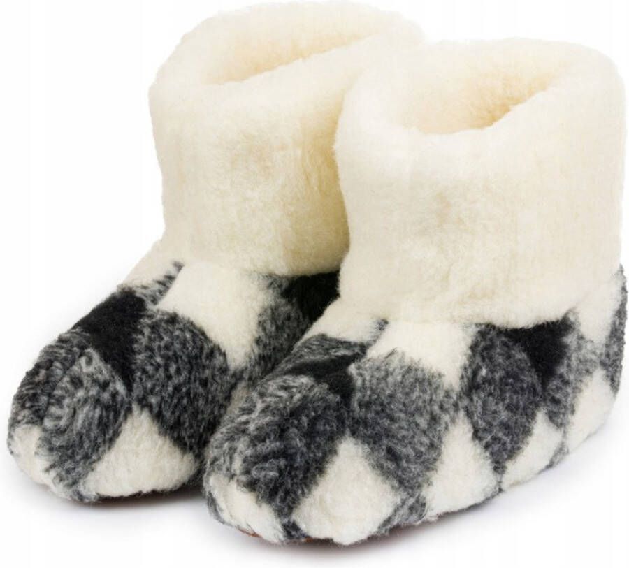 LuLu wonen LuLu- Geblokte Wollen Sloffen Pantoffels Zwart Wit antislip zool voor en Laarsmodel - Foto 3