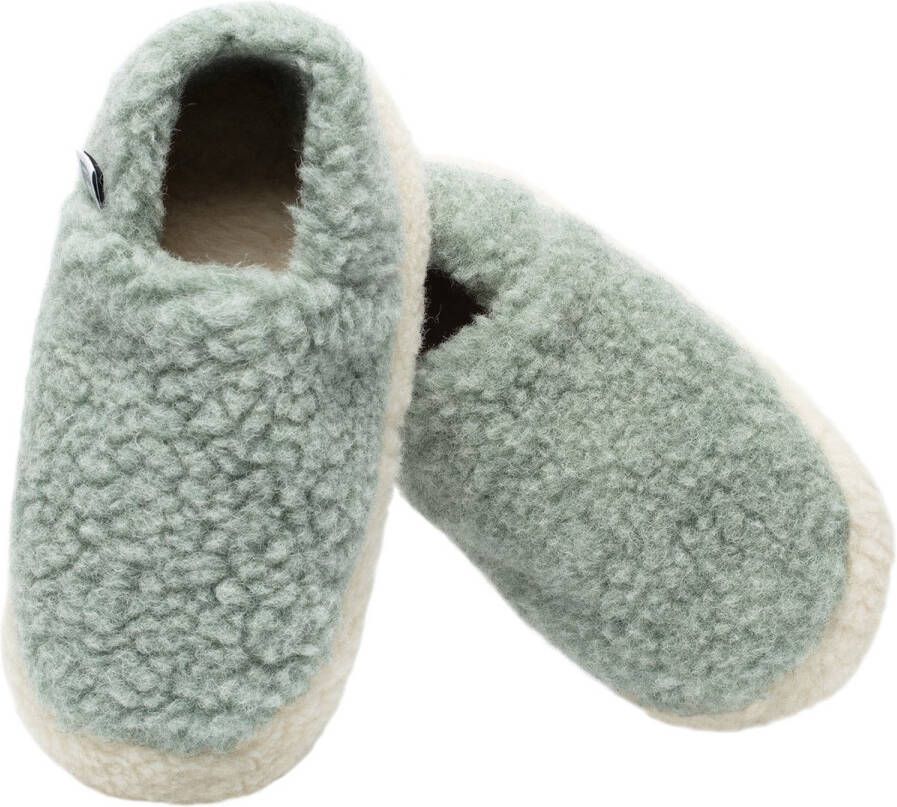 LuLu wonen LuLu- Pantoffels Sloffen Groen Wit 100% Schapenwol Antislip zool voor en