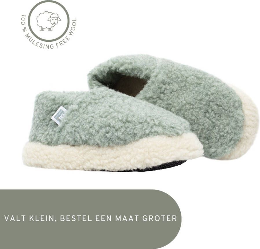 LuLu wonen LuLu- Pantoffels Sloffen Groen Wit 100% Schapenwol Antislip zool voor en