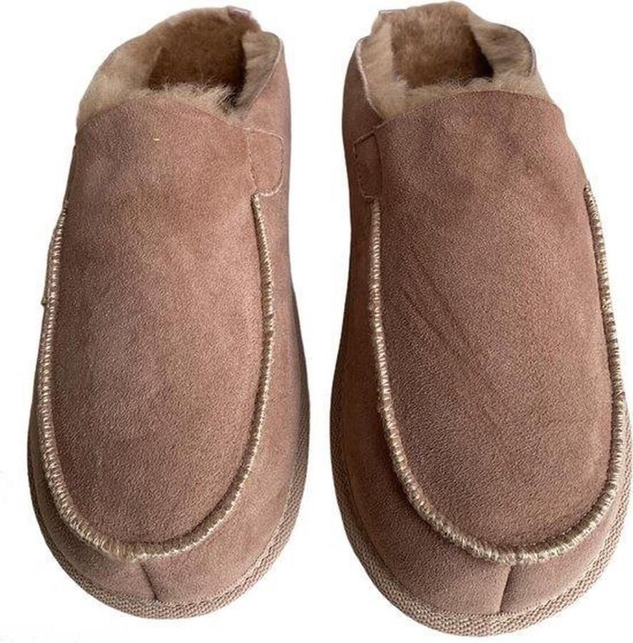 LuLu wonen LuLu- Beige leren heren instappers pantoffels met rubberen zool gevoerd met schapenvacht - Foto 2