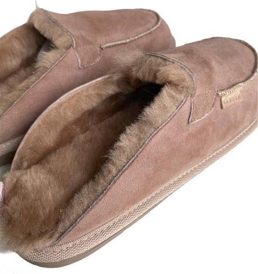 LuLu wonen LuLu- Beige leren heren instappers pantoffels met rubberen zool gevoerd met schapenvacht - Foto 3