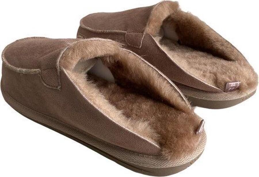LuLu wonen LuLu- Beige leren heren instappers pantoffels met rubberen zool gevoerd met schapenvacht - Foto 4