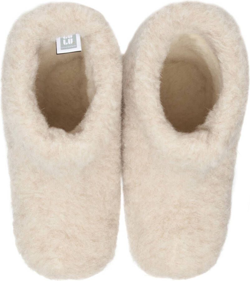 LuLu wonen LuLu- Wollen Sloffen Crème met een vleug Roze antislip zool hoog model Dames - Foto 3