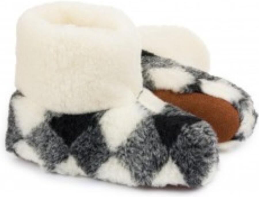 LuLu wonen LuLu- Geblokte Wollen Sloffen Pantoffels Zwart Wit antislip zool voor en Laarsmodel - Foto 6