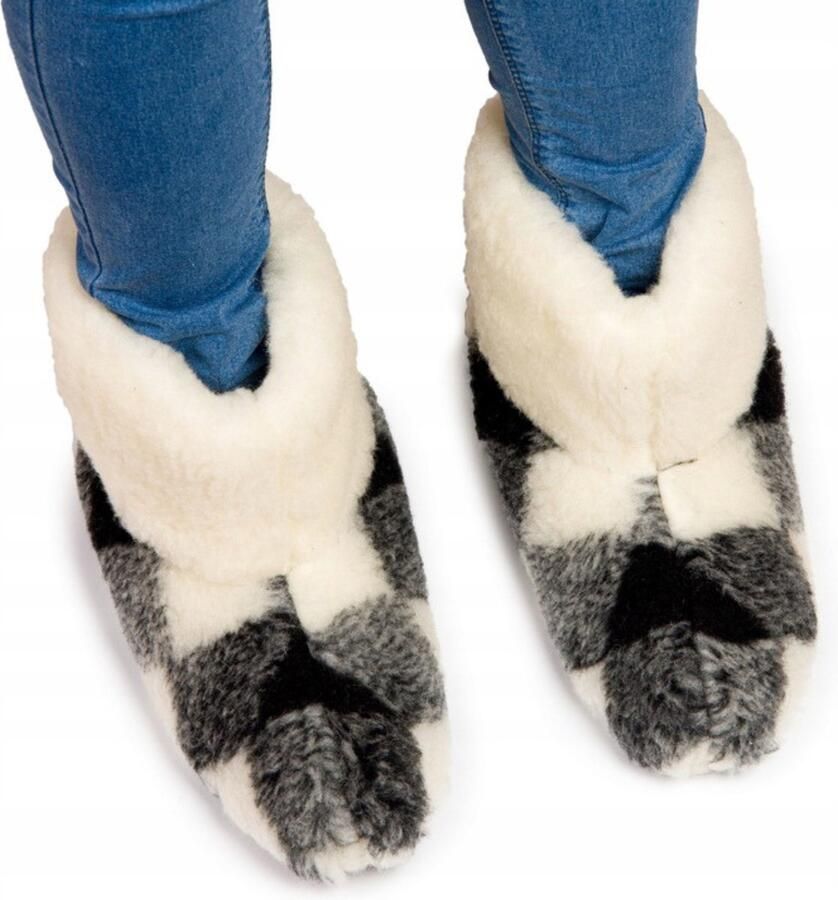 LuLu wonen LuLu- Geblokte Wollen Sloffen Pantoffels Zwart Wit antislip zool voor en Laarsmodel