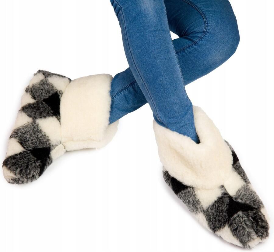 LuLu wonen LuLu- Geblokte Wollen Sloffen Pantoffels Zwart Wit antislip zool voor en Laarsmodel - Foto 2