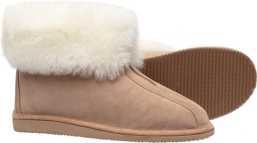 LuLu wonen LuLu- Hoge Leren Schapenvacht Sloffen Pantoffels met Rubberen Zool en Rits kleur cognac - Foto 6