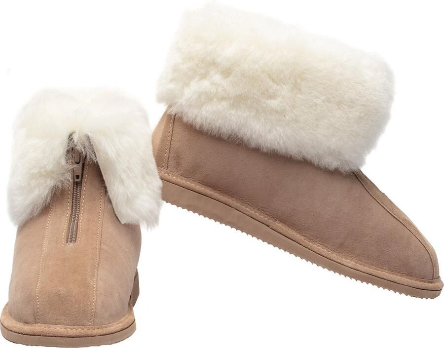 LuLu wonen LuLu- Hoge Leren Schapenvacht Sloffen Pantoffels met Rubberen Zool en Rits kleur cognac - Foto 3