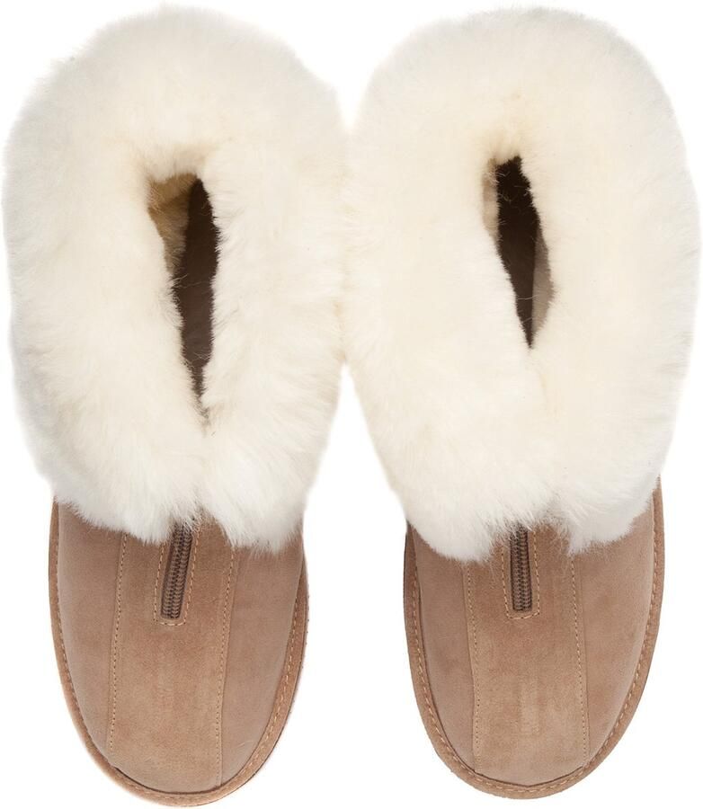 LuLu wonen LuLu- Hoge Leren Schapenvacht Sloffen Pantoffels met Rubberen Zool en Rits kleur cognac - Foto 2