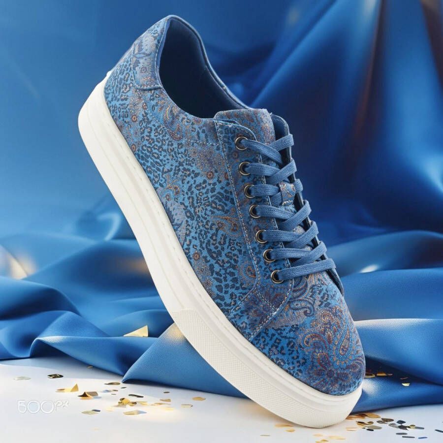 Lureaux Blue Paisley Panther Sneakers Handgemaakte Nette Schoenen Voor Heren
