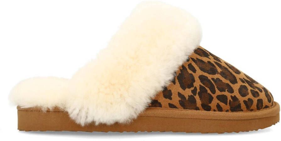 Manfield Dames Beige leopard pantoffels met bontvoering