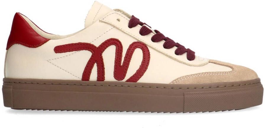 Manfield Dames Beige leren sneakers met burgundy details