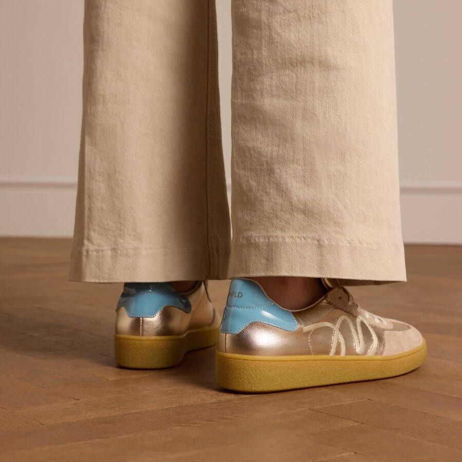 Manfield Dames Beige leren sneakers met goudkleurige & blauwe details