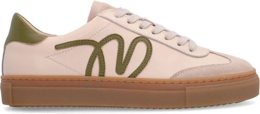 Manfield Dames Beige leren sneakers met groene details