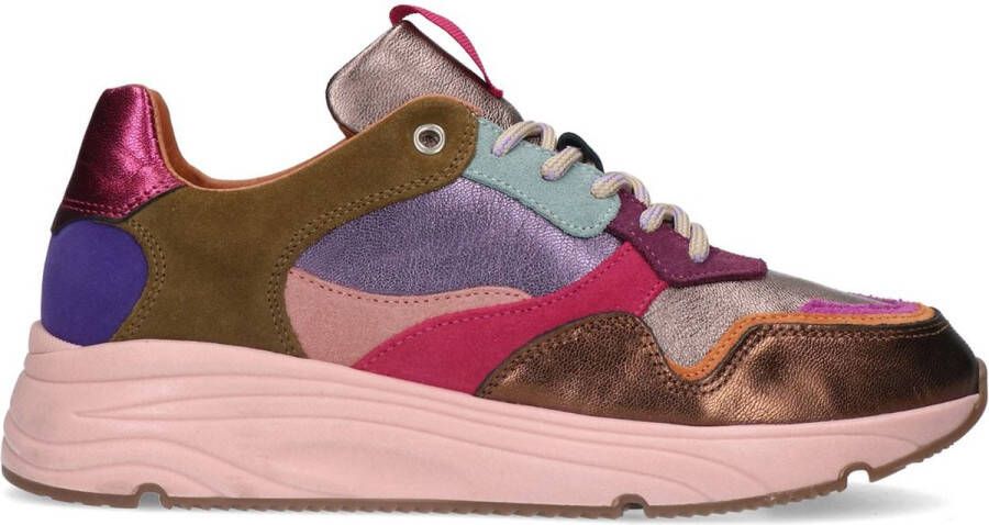 Manfield Dames Roze leren sneakers met metallic details