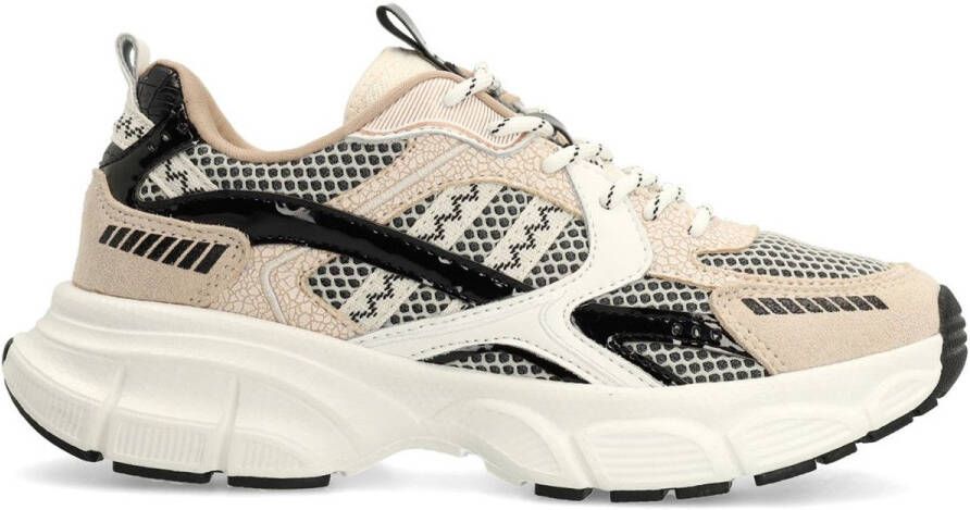 Manfield Dames Beige sneakers met zwarte en witte stoffen details