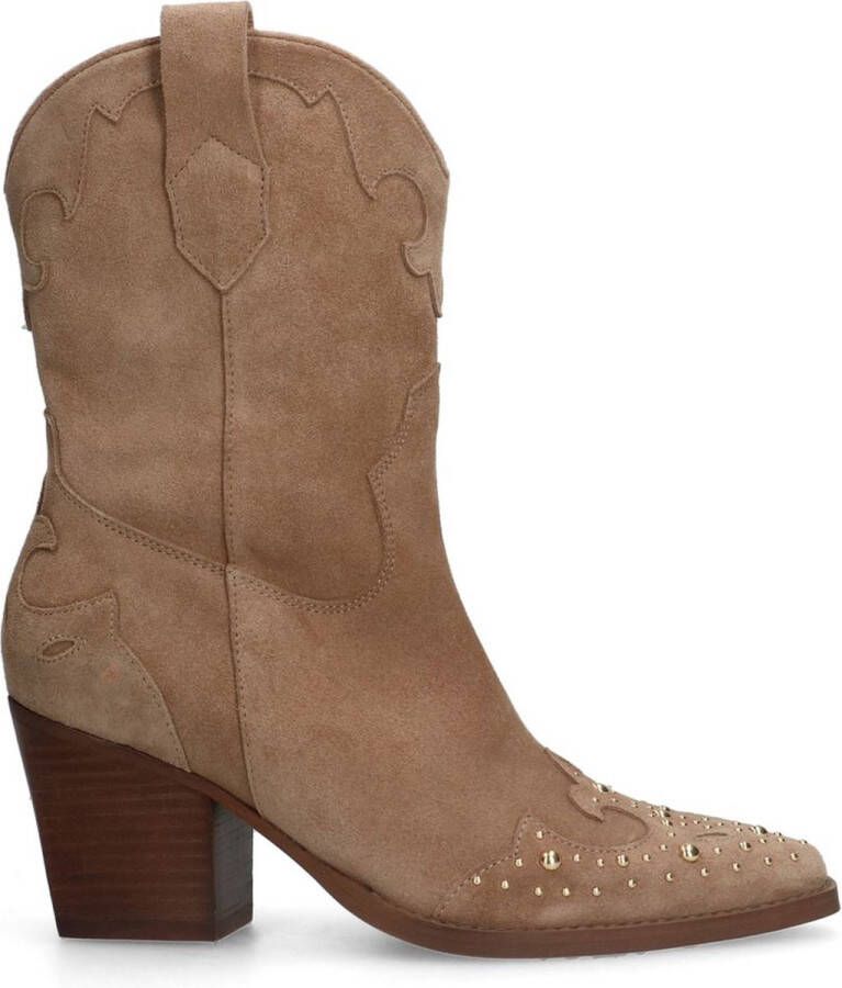Manfield Dames Beige suède cowboylaarzen met goudkleurige studs - Foto 2
