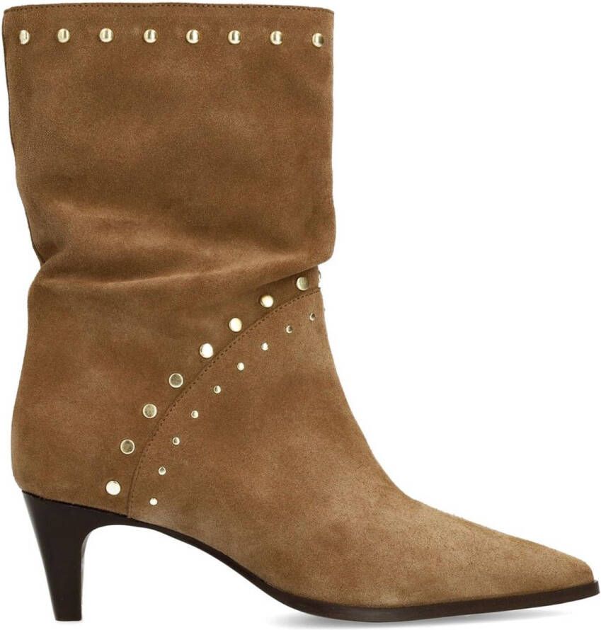 Manfield Dames Beige suède enkellaarsjes met studs