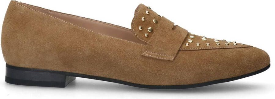 Manfield Dames Cognac suède loafers met gouden studs - Foto 2